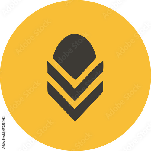 Simple yellow circle icon featuring a stylized dark grey sergeant rank insignia in a chevron v shape representing military or achievement recognition and status.