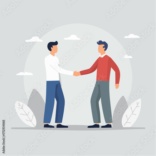 A clean, flat design vector illustration of two business partners shaking hands, symbolizing agreement and partnership in a simple, modern style