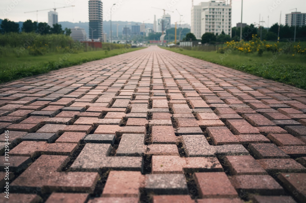Fototapeta premium Distinctive paving stones backdrop with pattern and texture, featuring grass and urban landscape elements