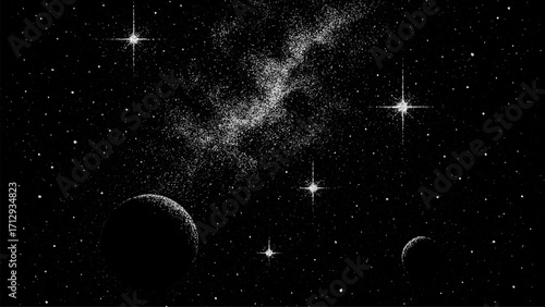 Milky way galaxy with star and planet. Universe dot space grain noise vector art. Cosmos illustration abstract background.