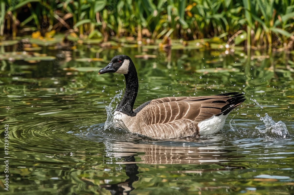 Obraz premium Angry Waterfowl Stirring Ripples in a Serene Nature Reserve Lake