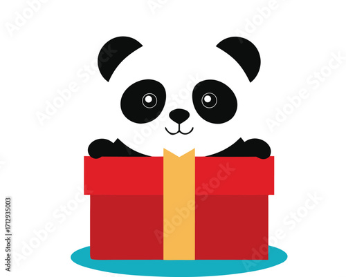 Cute panda peeking out of a red gift box with snowflakes