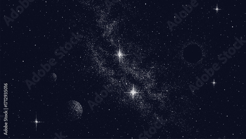 Dark universe background with star dust and moon. Galaxy dot space grain noise vector graphic effect on dark blue.