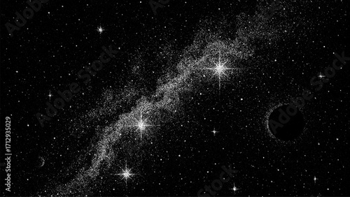 Black and white star galaxy with a dark planet. Dot space grain noise vector texture. Abstract outer space background for cosmic theme.