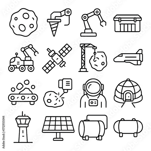 Space exploration icons featuring robots, astronaut, satellite, and spacecraft on grey background