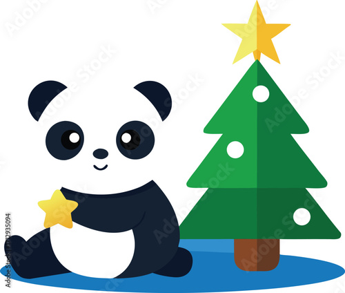 Cute panda holding a star next to a decorated christmas tree