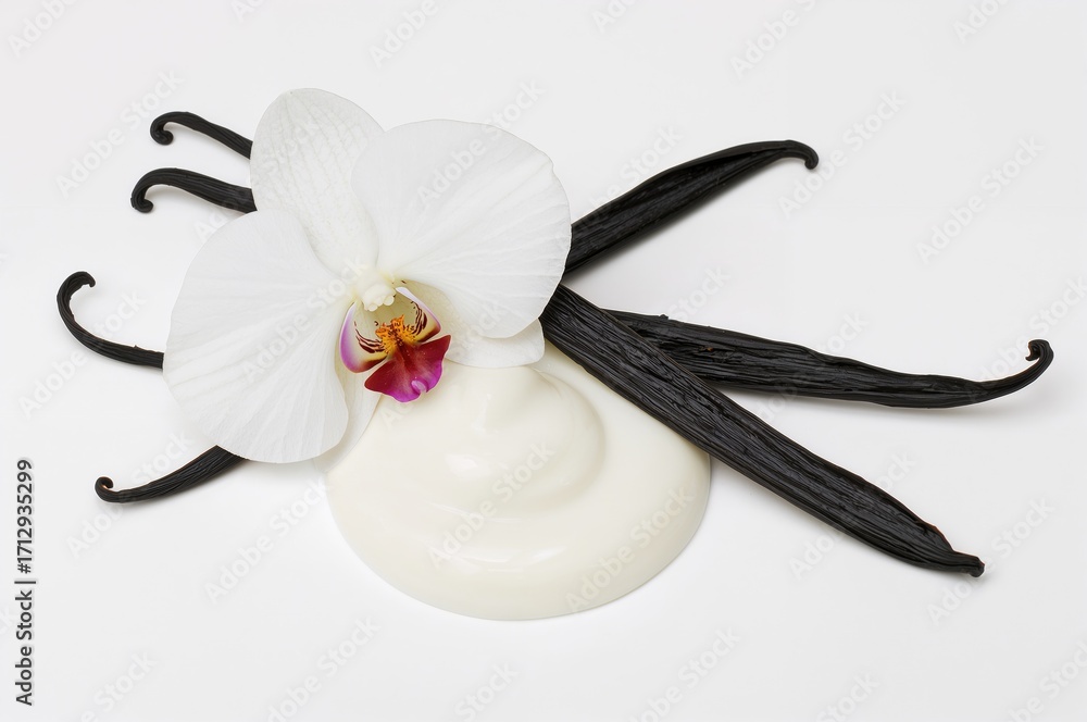 Fototapeta premium Cream with orchid blossom and vanilla beans on plain backdrop