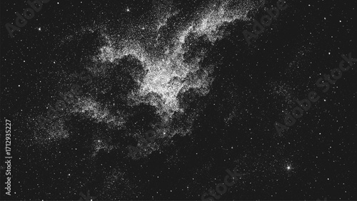 Black and white starry night sky with milky way. Dot space grain texture, abstract cosmic noise pattern for overlay. Galaxy background.