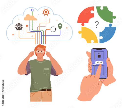 Man adjusting glasses with a cloud network above, symbolic puzzle pieces, and a smartphone unlocking screen. Ideal for creativity, problem-solving, brainstorming, technology, decision-making