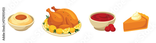 Thanksgiving dinner food set - flat vector illustration of roast turkey, mashed potatoes with gravy, cranberry sauce and pumpkin pie slice. Vectors isolated on white background.