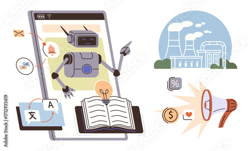 AI robot emerging from smartphone screen interacting with open book, language translation tool, and industrial plant. Ideal for AI, education, technology, communication, automation, industry