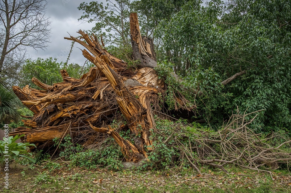 Fototapeta premium Tree toppled by strong winds during a storm