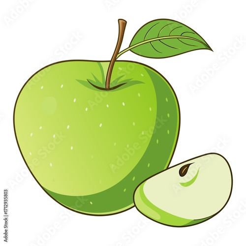 Fresh Green Apple with Leaf and Slice Vector Illustration