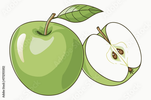 Fresh Green Apple with Leaf and Half Slice Vector Illustration
