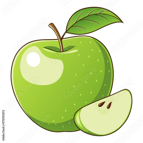 Fresh Green Apple with Leaf and Slice Vector Illustration
