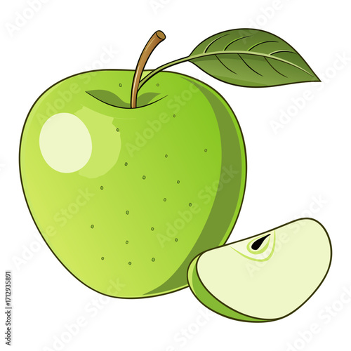 Fresh Green Apple with Leaf and Slice Vector Illustration
