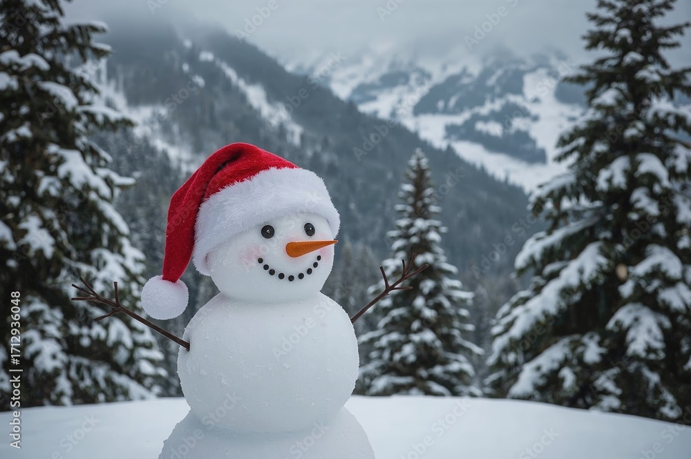 Obraz premium Snowman wearing a Santa hat at a snowy ski destination. Winter vacation