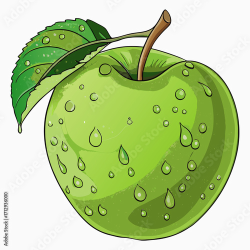Juicy Green Apple with Leaf, Water Drops Vector Illustration
