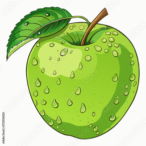 Juicy Green Apple with Leaf, Water Drops Vector Illustration
