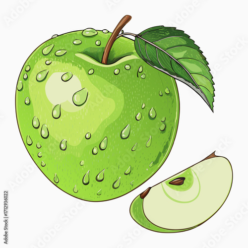 Juicy Green Apple with Leaf, Water Drops, and Slice Vector Illustration

