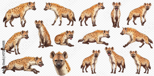 A set of realistic spotted hyena illustrations showing the animal in various poses like walking, sitting, lying down, and running against a transparent background.