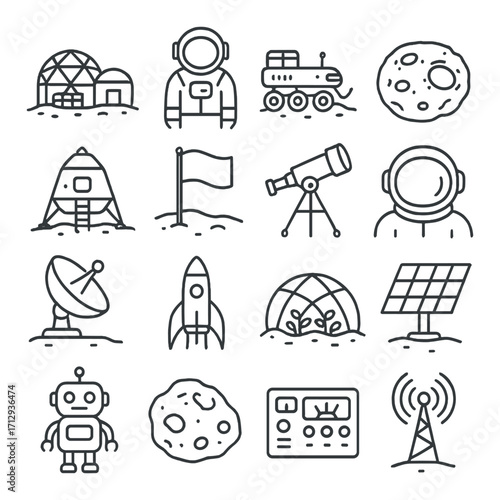 Space exploration icons: dome, astronaut, rover, moon, rocket, telescope, antenna, satellite, solar panel