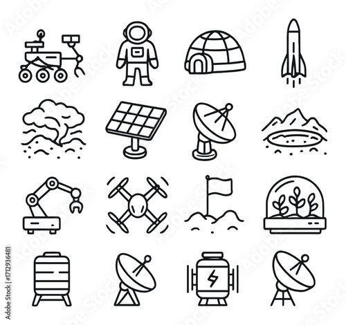 Space exploration icons: rover, astronaut, rocket, satellite, mars habitat symbols