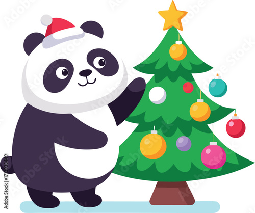 Cute panda wearing santa hat decorating a christmas tree