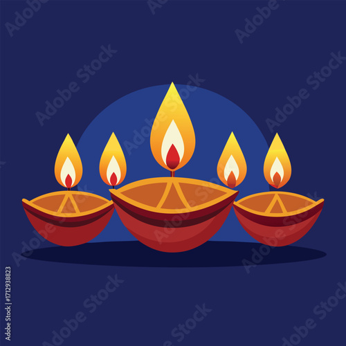 Traditional Oil Lamps with Burning Flames on Blue Background – Diwali Festival Illustration