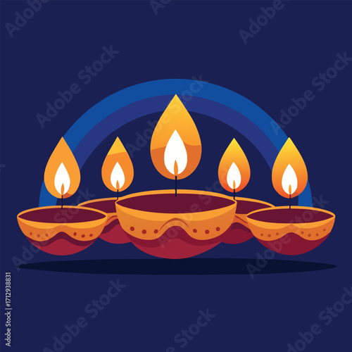 Traditional Oil Lamps with Burning Flames on Blue Background – Diwali Festival Illustration