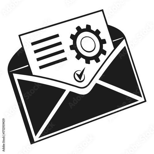 Open envelope with document showing gear and checkmark symbol for service or process