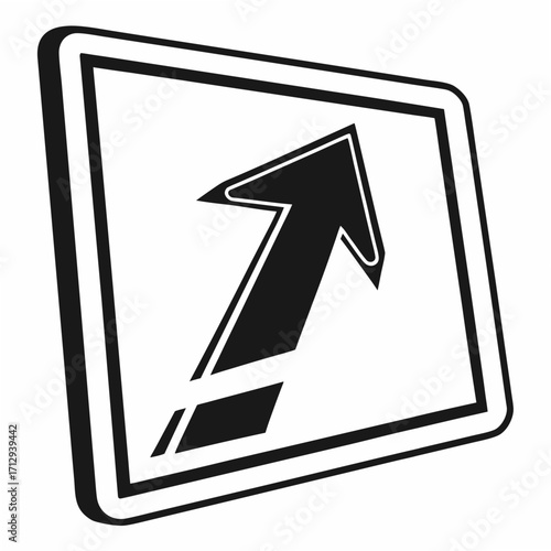 Bold black arrow pointing upwards and forwards within a stylized frame