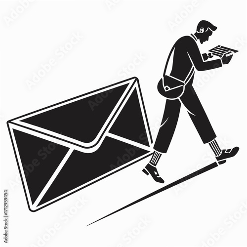 Stylized black and white illustration of a mail carrier delivering a large envelope