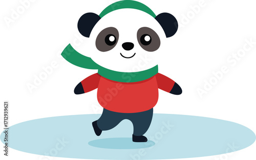 Cute panda ice skating in winter with scarf and hat