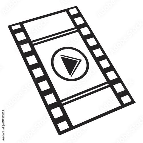 Black and white film strip with a play button icon in the center