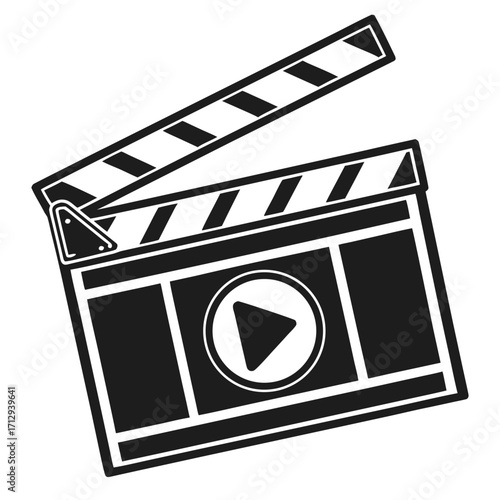 Black and white icon of a film clapperboard with a play button symbol