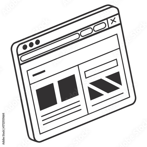 Stylized black and white illustration of a computer browser window displaying a webpage layout