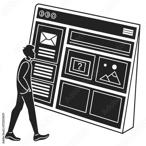 Person examining a large digital display showing website layouts and content blocks