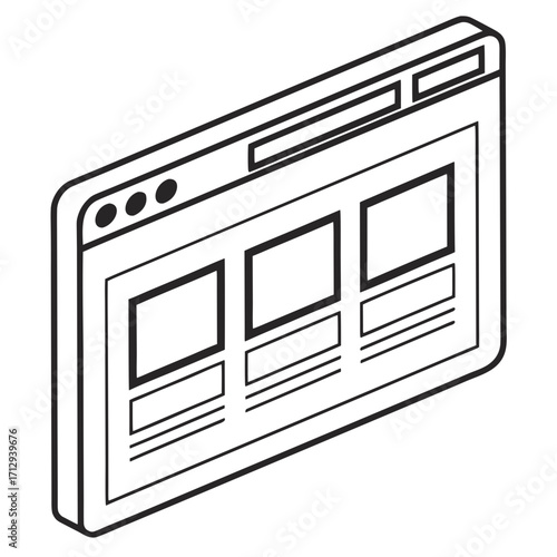 Isometric outline illustration of a web browser window displaying content with multiple cards