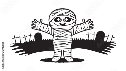 Cute cartoon mummy character with open arms isolated on white background