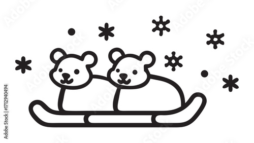 Two cute bears riding a sled in the snow isolated on white background