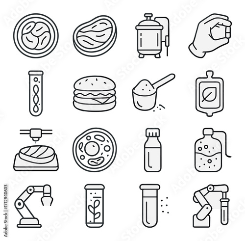 Collection of food and cooking icons featuring tools and ingredients in black and white