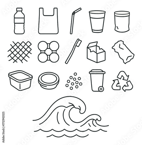 Various plastic and recycling symbols on gray background