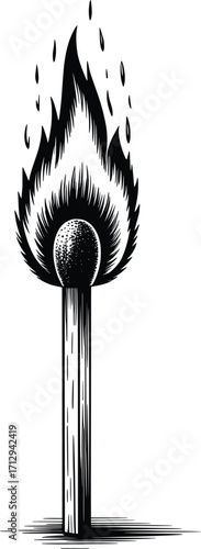 Burning Matchstick Flame Sketch Illustration.