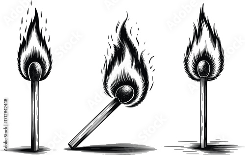 Burning Matchstick Vector, Flame Fire Ignition Illustration.
