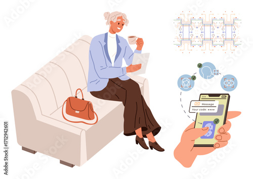 Elderly woman seated on a couch with coffee, operating a laptop. Close-up of a hand with a phone displaying a secure OTP verification screen. Ideal for technology, security, finance, remote work