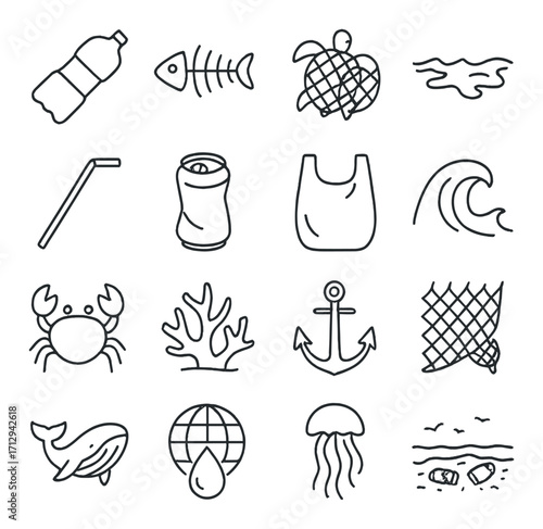 Environmental icons highlighting ocean pollution and marine life conservation