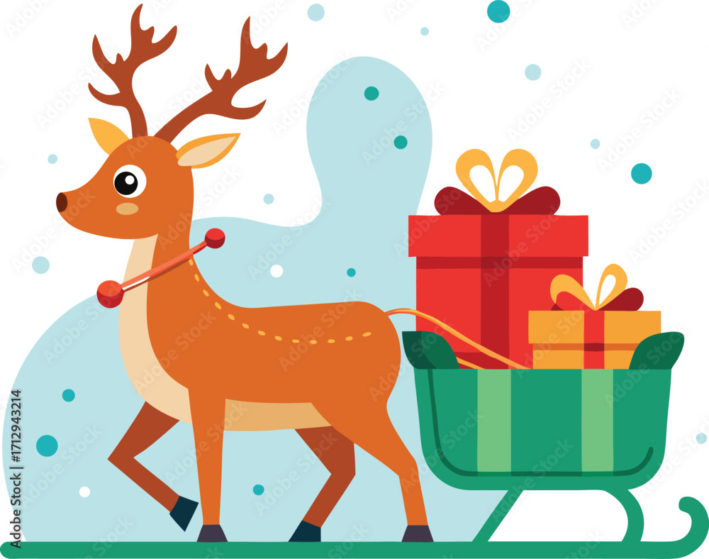 Naklejka premium Christmas reindeer pulling a sleigh full of gifts