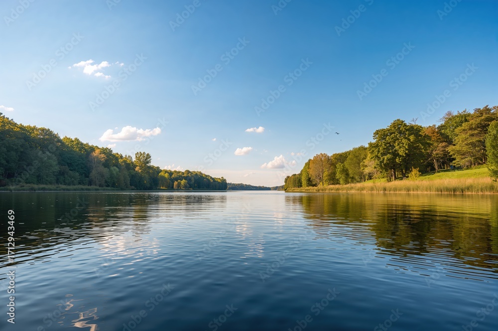 Obraz premium Symmetrical landscape featuring a river and lake with forest backdrop