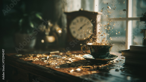 Elegant teacup with splashing coffee on a table full of coins, near vintage clock and soft window light, symbolizing value and time.
